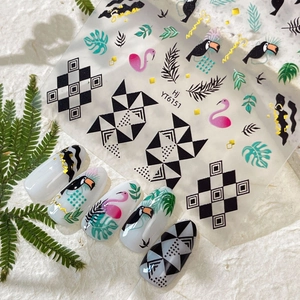 Tropical Flamingo Toucan Nail Art Stickers Summer Palm Leaf Geometric Checkerboard DIY Nail Decals Decoration For Women