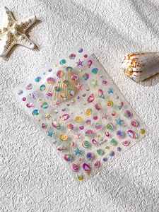 Detailed 3D rainbow shell and starfish nail art stickers with laser holographic finish