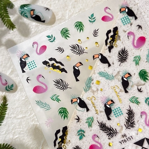 Tropical nail stickers with gold toucans and flamingos for summer manicure designs