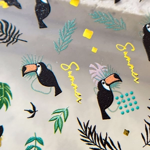 Tropical toucan and palm leaf nail art stickers with 3D texture and summer pattern