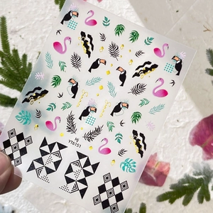 Tropical nail stickers with flamingo, toucan and green palm leaf designs HJ YT6151