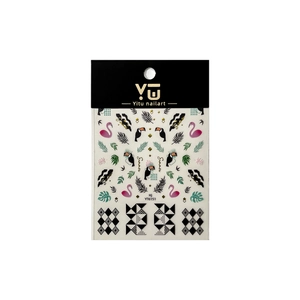 Cute tropical bird nail art sticker featuring pink flamingo and green leaf patterns
