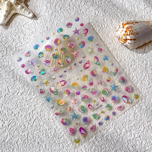Rainbow shell nail stickers with iridescent laser glitter starfish and shell shapes