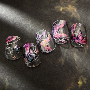 Faux ongles papillon galaxie double couche avec effets laser colorés et motifs 3D