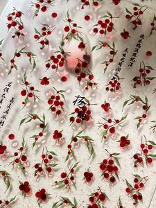 Makro-Detail von 3D-geprägten Nageltattoos mit Beeren und eleganter chinesischer Kalligrafie