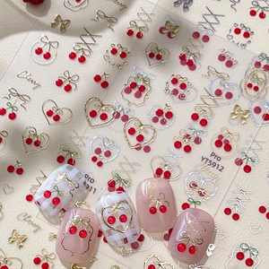 Dolce Adesivi Per Unghie 3D Rilievo Fragola Ciliegia Fiocco Stampa Oro Argento Decalcomanie Manicure Per Donna DIY Decorazione