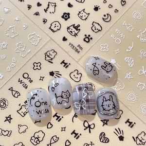 Autocollants pour Ongles en Relief 3D Mignon Lapin Chat Dessin Animé Auto-Adhésifs Minimalistes Japonais Cœur Étoile Décoration Femme