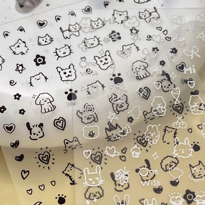 Autocollants 3D pour ongles avec lapins, chiens et cœurs mignons en noir et blanc