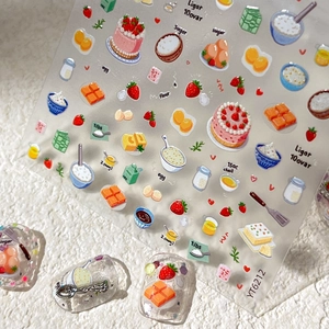 Cute strawberry cake and baking theme embossed nail art stickers on clear tips