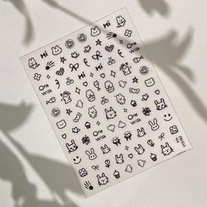 Autocollants nail art lapin mignon avec motifs cœurs et étoiles dessinés à la main