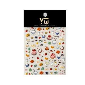 3D relief nail stickers featuring strawberry cake and bakery designs for sweet nail art