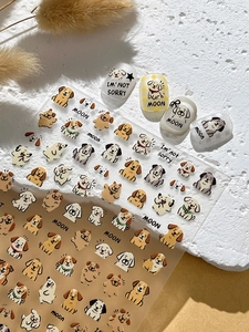 Macro detail of cute cartoon puppy nail art stickers with hand-drawn dog illustrations