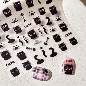 Cute black cat nail art stickers with paws and fishbone patterns for DIY manicures