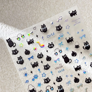 Embossed black cat and musical note nail art stickers with laser finish stars and bows