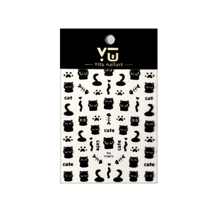 Cute black cat nail art stickers with fish bones and paw prints patterns, YT4875