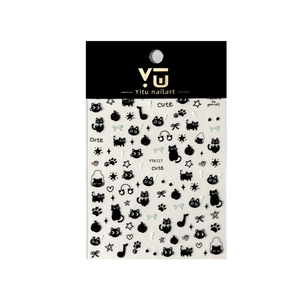 3D embossed black cat nail stickers with musical notes and stars for cute DIY manicure