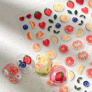 3D embossed fruit nail art stickers with fresh strawberry and lemon patterns on nails