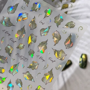 Holographic leaf nail stickers with metallic foil shine and artistic English lettering