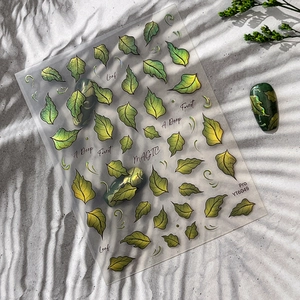Minimalist green leaf nail art stickers with forest theme and letter patterns YT6049