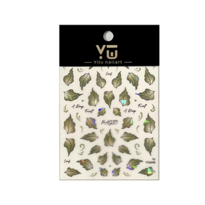 Laser holographic leaf nail art stickers with elegant English text patterns on white background