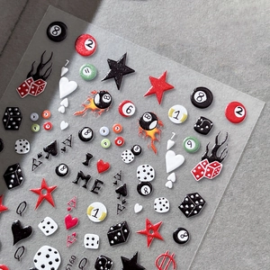 Jelly-Nagelsticker im Bowling-Stil mit Billard, Würfeln und Flammen für cooles Design