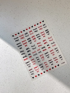 Detail of YT5689 embossed letter nail decals with red and black hearts for DIY manicure