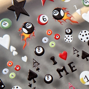 3D Relief Nagelsticker mit Retro Bowling, Billard 8-Ball und Poker-Motiven