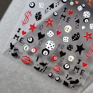 3D Relief Nagelaufkleber mit 8-Ball, Würfeln und Sternen in Rot und Schwarz Design