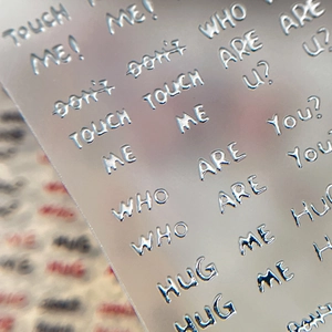 3D embossed metallic silver alphabet nail art stickers with trendy English phrases