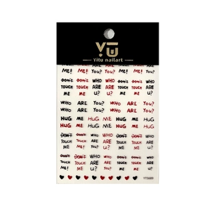 Relief letter nail stickers with red and black fonts and heart patterns on white background