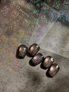 Macro view of holographic butterfly nail stickers on dark cat-eye manicure finish