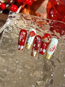 Detailed 3D relief nail stickers featuring traditional koi and red fortune calligraphy