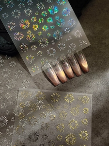 Detail of 3D laser firework nail stickers in gold and silver holographic finish