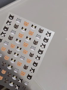 Detail of cute cartoon cat nail stickers with various breeds and adhesive backing