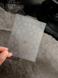 Detail of laser butterfly and firework nail art stickers with iridescent sparkle finish