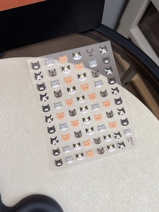 Close-up of cute cartoon cat nail stickers with various breeds on a transparent sheet