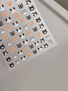 Detailed close-up of cute cartoon cat nail art stickers featuring multiple cat breeds YT4568