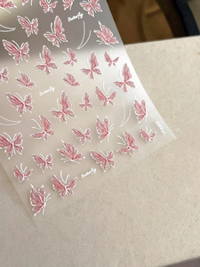 Detail view of 3D embossed pink butterfly nail art stickers with pearlescent finish YT4490