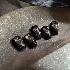 Holographic laser butterfly fireworks nail stickers on black short square false nails