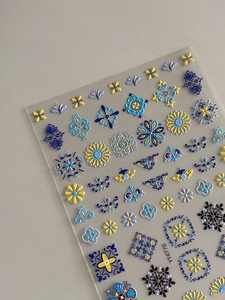 Close-up of bohemian embossed nail stickers with blue mandala patterns, item YT4770
