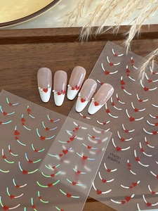 French style nail stickers with red hearts and silver lines on elegant white tip nails