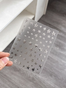 Detailed view of silver pentagram nail art stickers with metallic mirror finish