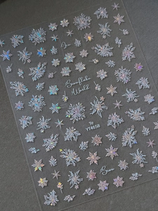 Detailed macro view of holographic silver snowflake nail stickers with iridescent finish