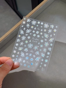 Detailed macro of 3D holographic snowflake nail stickers with YT4660 code labels