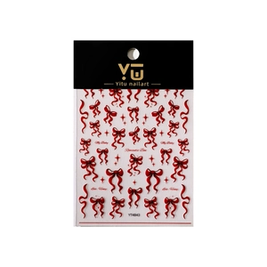 3D embossed red bow and star nail art stickers with ribbons on white background
