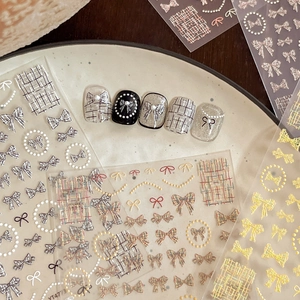 3D Embossed Nail Art Stickers With Bow Knot Tweed Plaid Pattern Artificial Pearl Chain Elegant Manicure Decoration Decals For Women