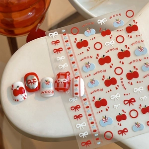 5D Relief Nail Art Stickers Cute Apple Bow Design Adhesive Nail Decals For Women DIY Manicure Decoration Red White YT4850