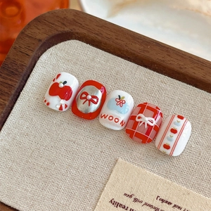Exquisite red and blue relief nail art stickers with 3D bows and apple patterns