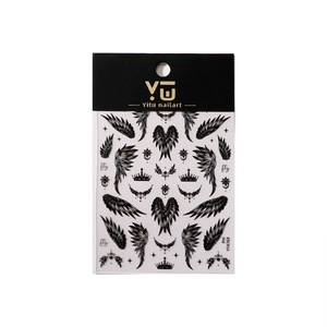 Gothic wing nail art stickers with black crown star patterns on professional packaging