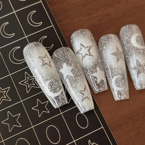 5pcs silver glitter long coffin press-on nails with star and moon patterns